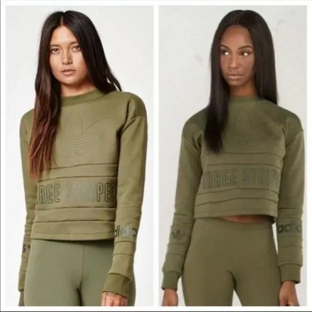 Adidas Originals Three Stripes Crop Pullover, Olive Green, Size Small